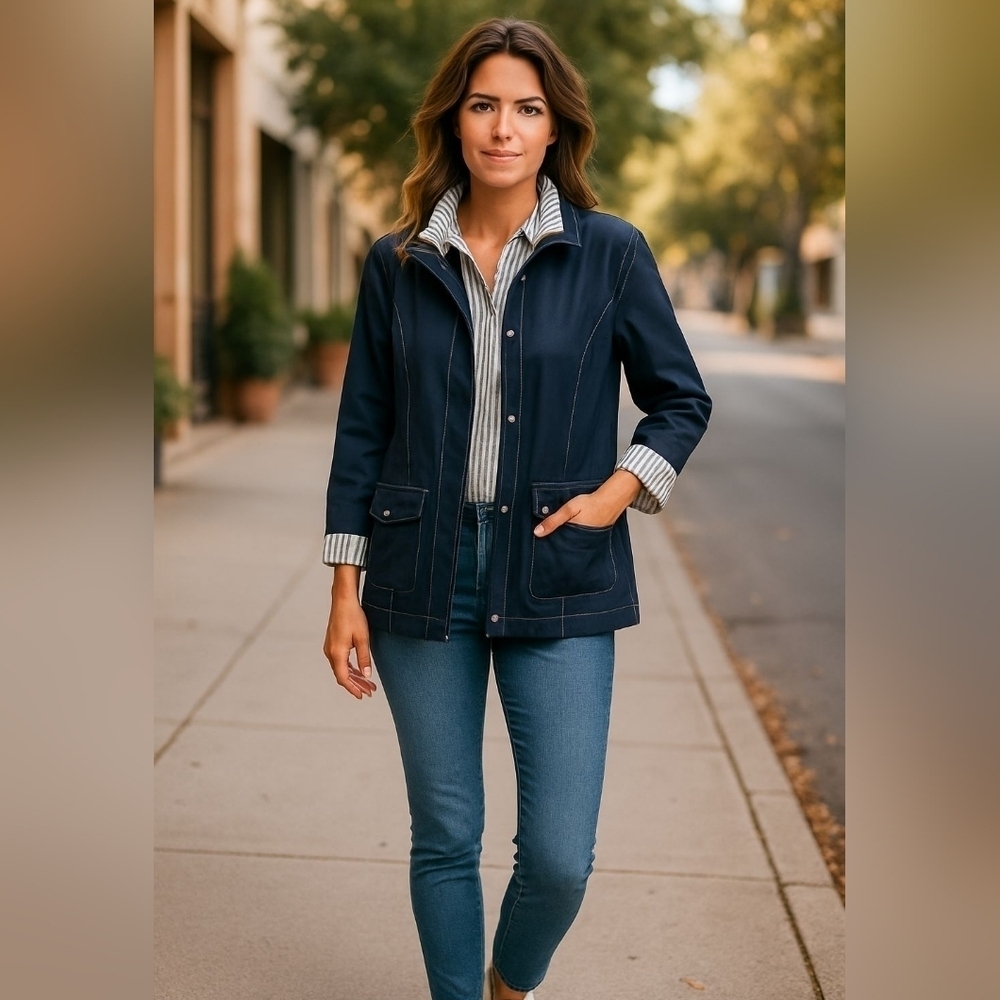 Alfred Dunner Lined Denim Long Sleeve Jacket Pockets Zip Front Sz 14